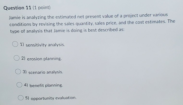  Question 11 (1 point) Jamie is analyzing the estimated net present