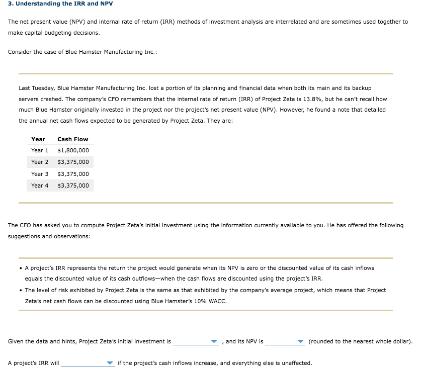  3. Understanding the IRR and NPV The net present value (NPV)