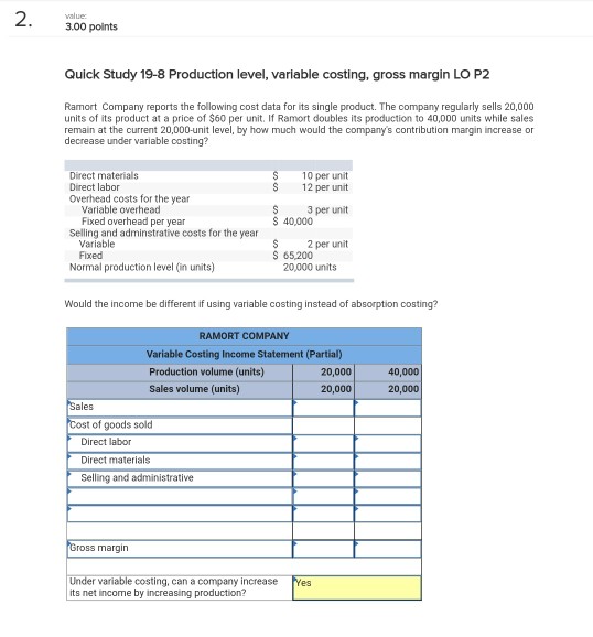 LO P2 Ramort Company reports the following cost data for its single