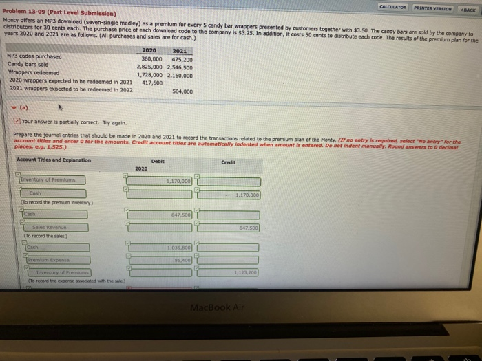  Thank you CALCULATOR PRINTER VERSION BACK Problem 13-09 (Part Level Submission)
