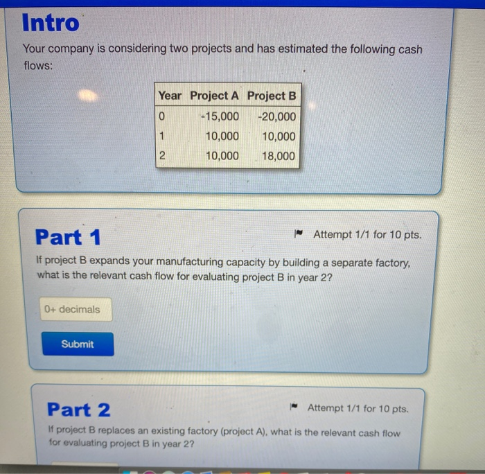  Intro Your company is considering two projects and has estimated the