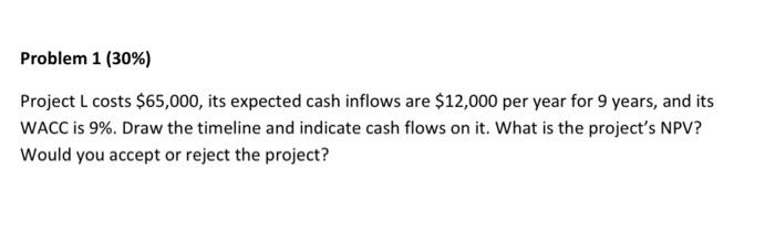  Problem 1 (30%) Project L costs $65,000, its expected cash inflows
