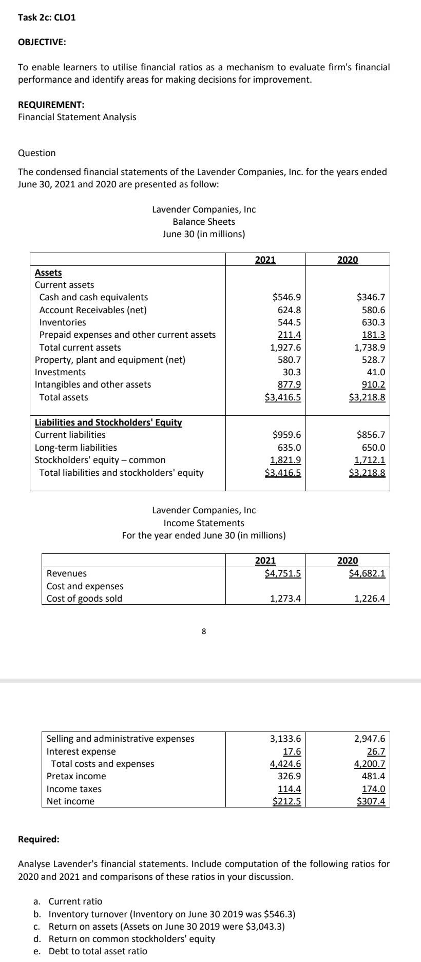  Task 2c: CLO1 OBJECTIVE: To enable learners to utilise financial ratios