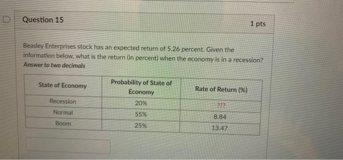 Please help.Thank you1. 2. DQuestion 15 1 pts Beasley Enterprises stock has