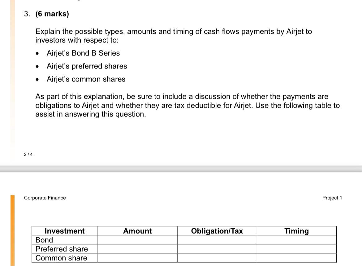  3. (6 marks) Explain the possible types, amounts and timing of