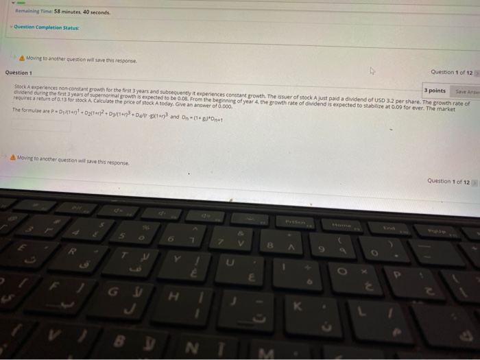  Remaining Time: 58 minutes, 40 seconds. Question Completion Status: Moving to