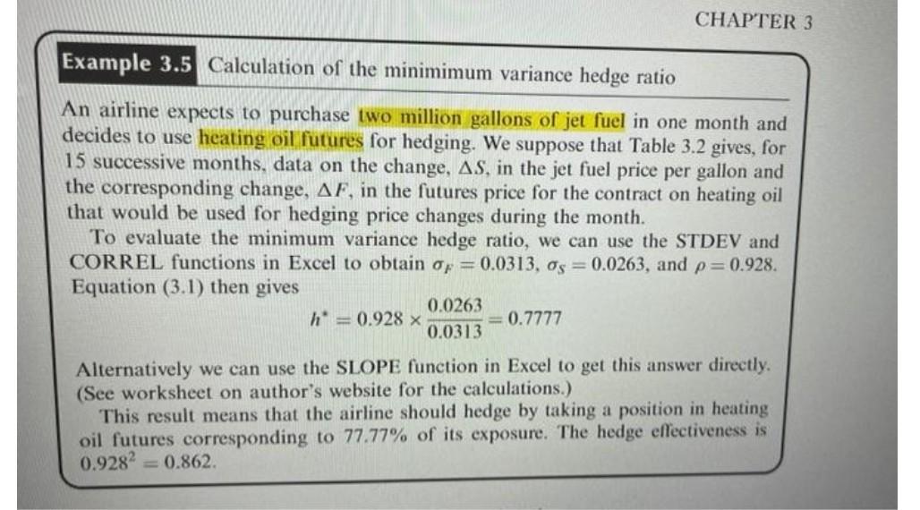  CHAPTER 3 Example 3.5 Calculation of the minimimum variance hedge ratio