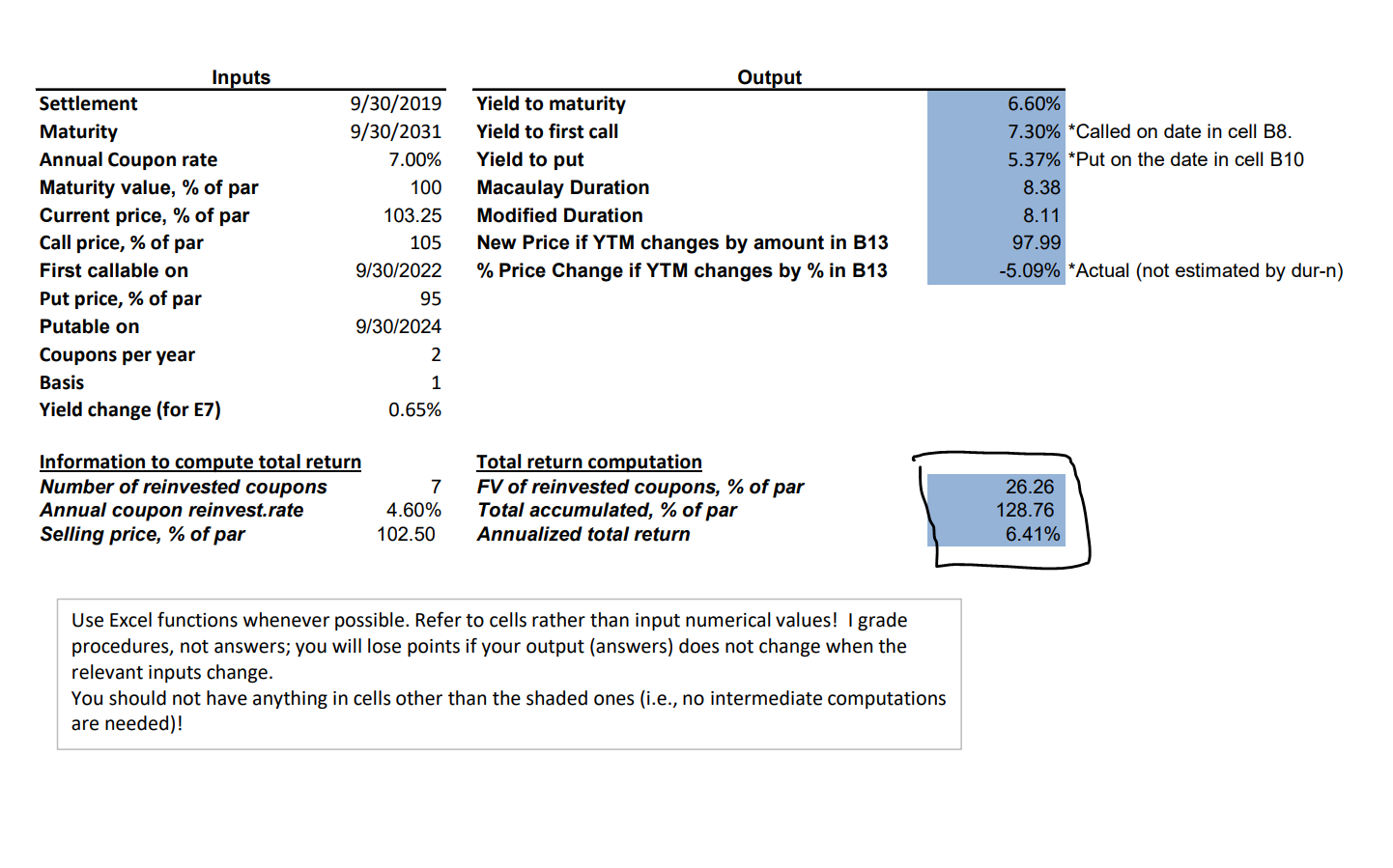 Just need help finding the excel functions for the highlighted total return