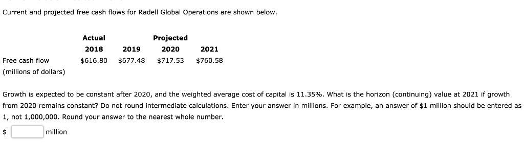  Current and projected free cash flows for Radell Global Operations are