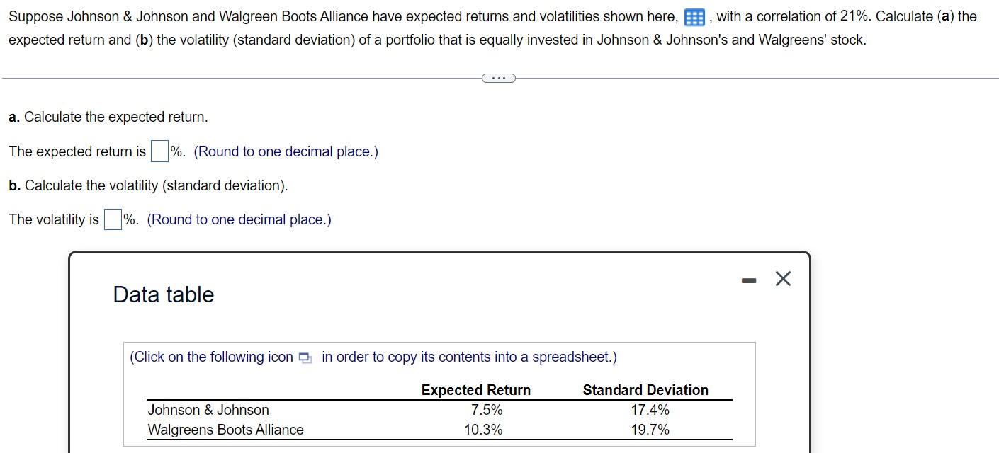  Suppose Johnson & Johnson and Walgreen Boots Alliance have expected returns