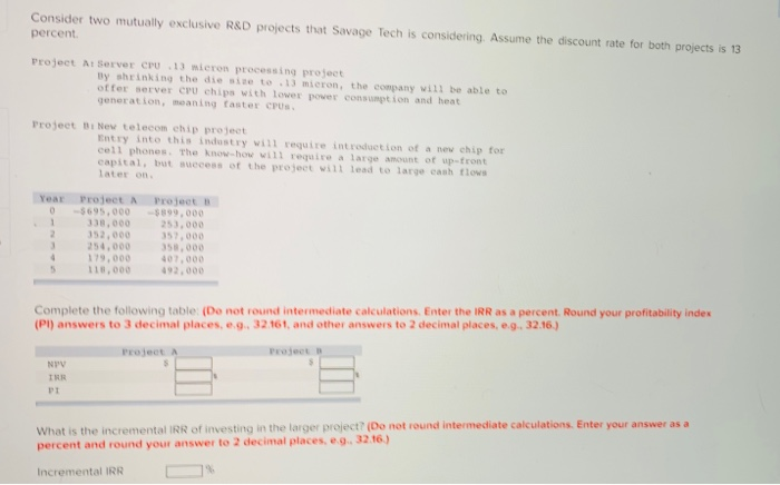  Consider two mutually exclusive R&D projects that Savage Tech is considering.