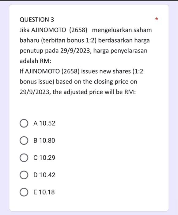 pada 29/9/2023, harga penyelarasan adalah RM: If AJINOMOTO (2658) issues new shares