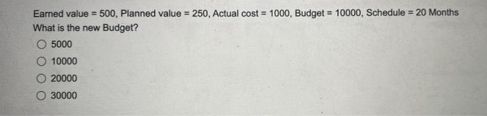 shedule O d. Cannot say Earned value = 500, Planned value =
