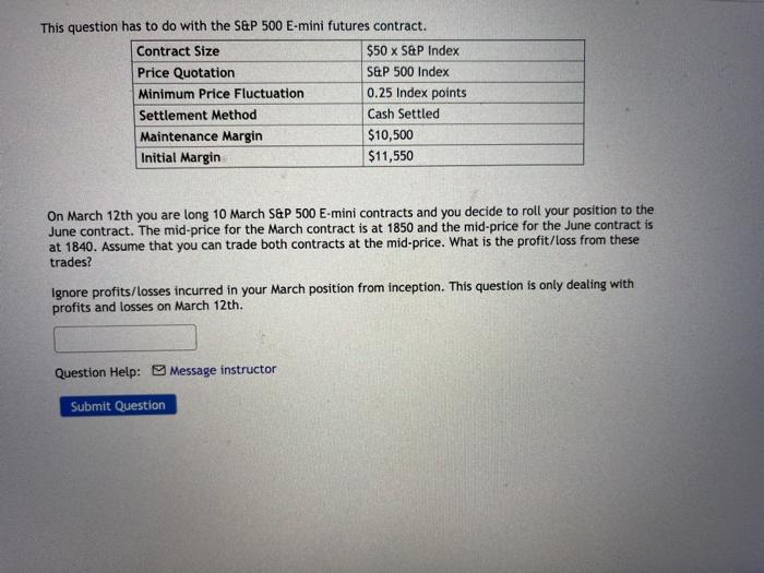  This question has to do with the S&P 500 E-mini futures