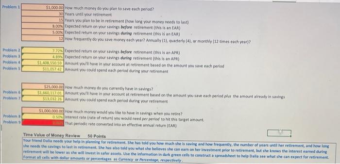 problem 9 entered usuing excel values in cells already listed Problem 1