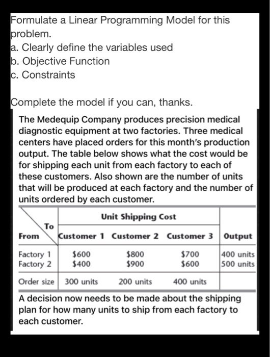  Formulate a Linear Programming Model for this problem. a. Clearly define