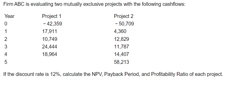 Firm ABC is evaluating two mutually exclusive projects with the following
