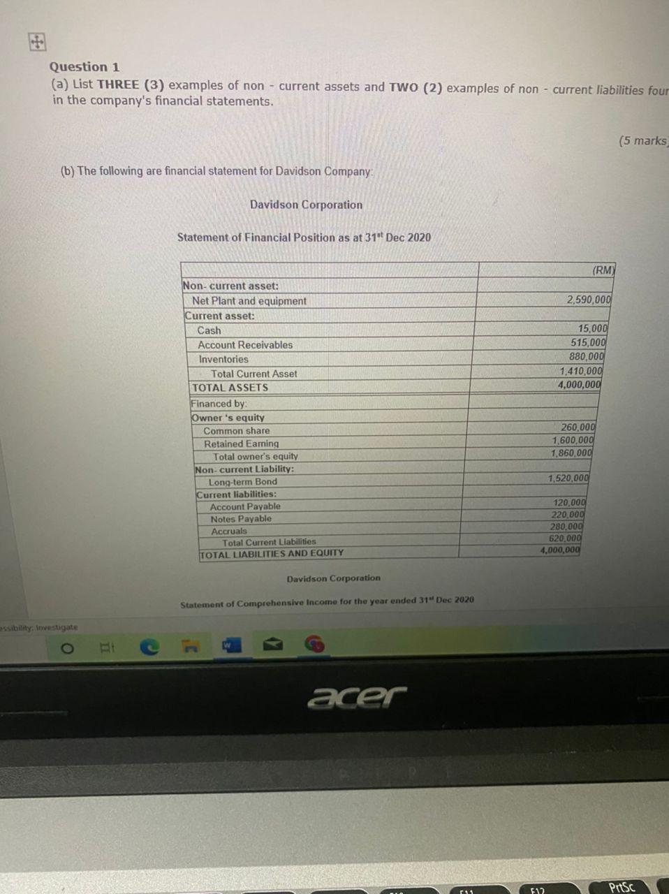 Question 1 (a) List THREE (3) examples of non- current assets