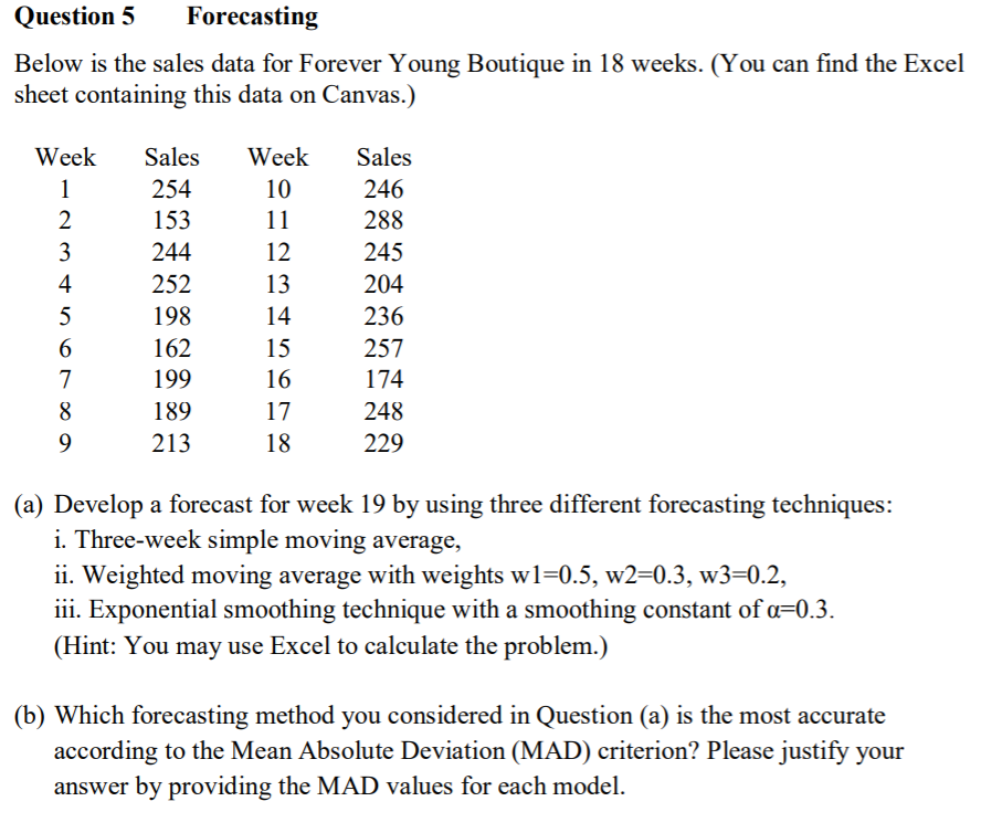  Question 5Forecasting Below is the sales data for Forever Young Boutique