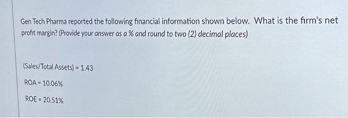  Gen Tech Pharma reported the following financial information shown below. What