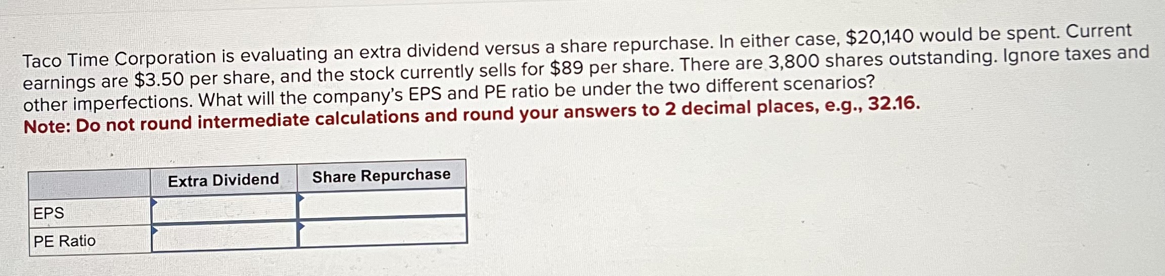  Taco Time Corporation is evaluating an extra dividend versus a share