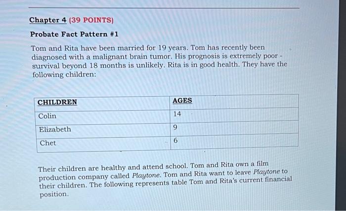 PLEASE ANSWER ALL QUESTIONS! Probate Fact Pattern \#1 Tom and Rita have