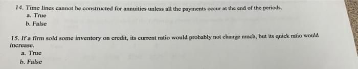  14. Time lines cannot be constructed for annuities unless all the