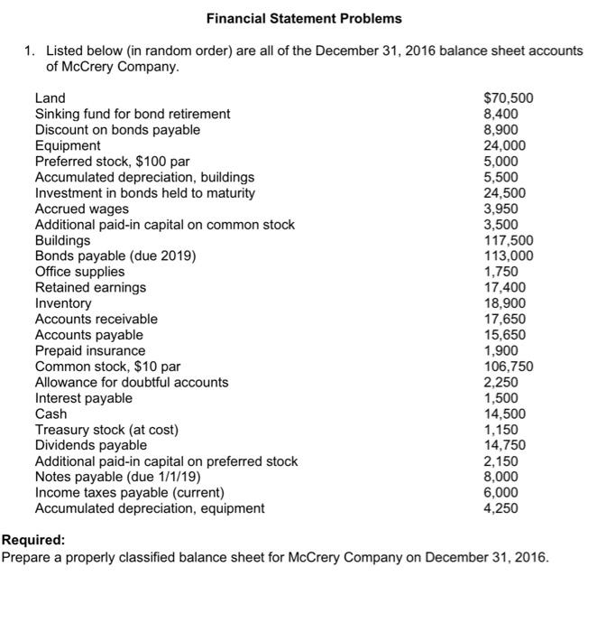  Financial Statement Problems 1. Listed below (in random order) are all