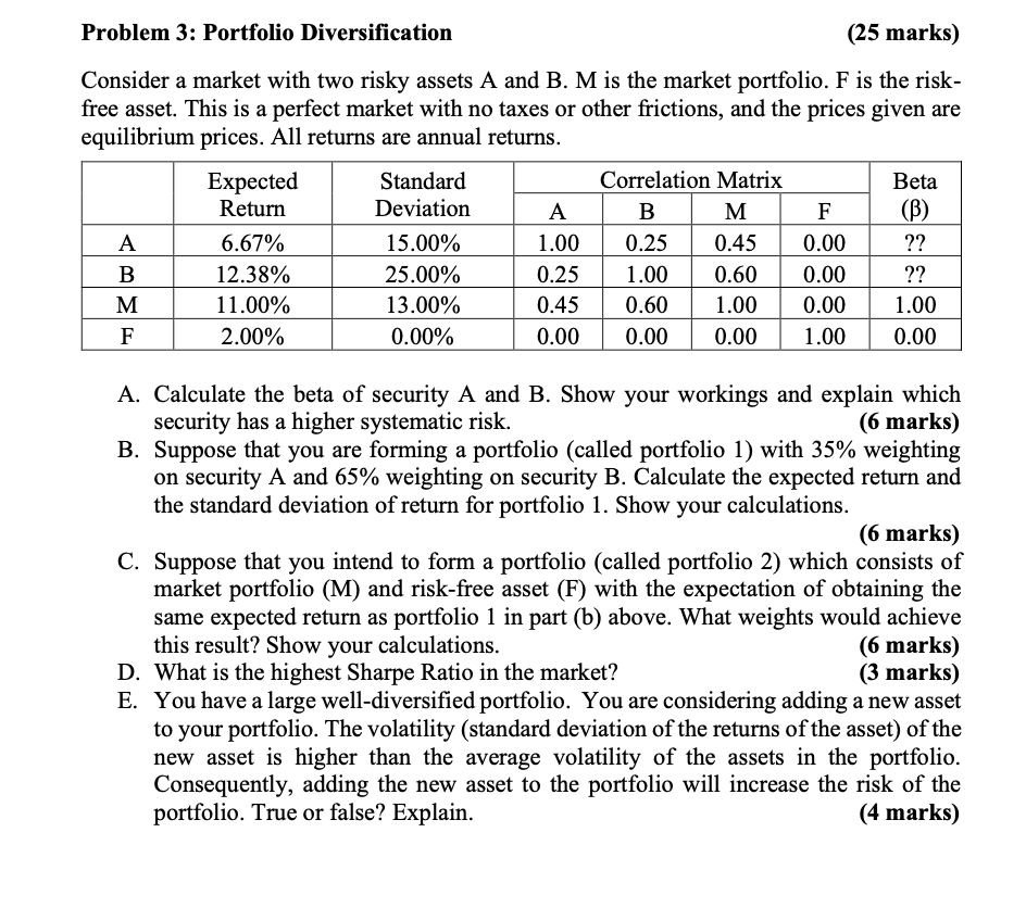1 Problem 3: Portfolio Diversification (25 marks) Consider a market with two