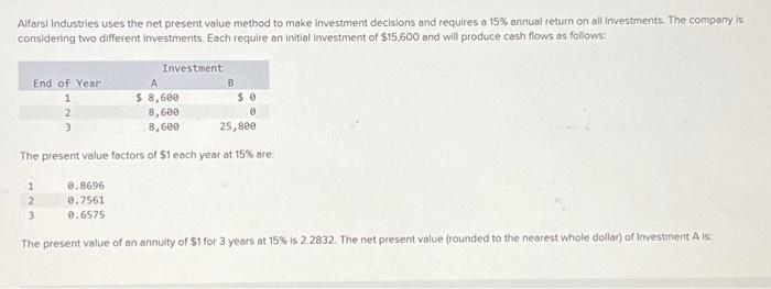  Alfarsi Industries uses the net present value method to make investment