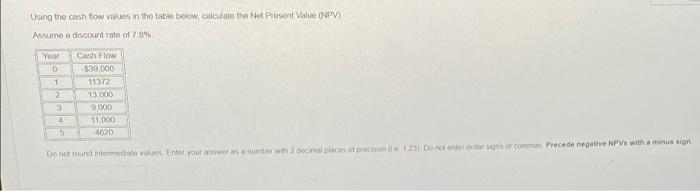  Using the cash flow values in the table below, calculate the