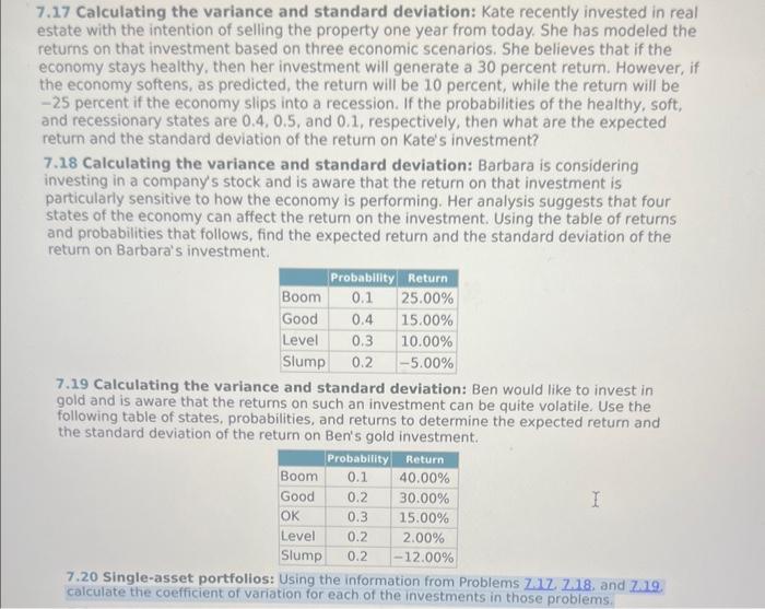  Using the information from Problems 7.17, 7.18, and 7.19. calculate the