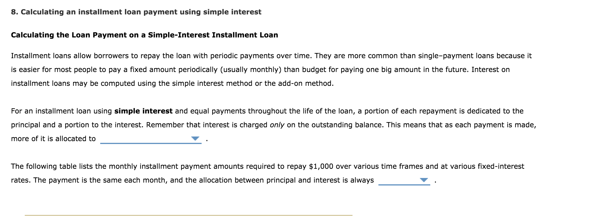 8. Calculating an installment loan payment using simple interest Calculating the