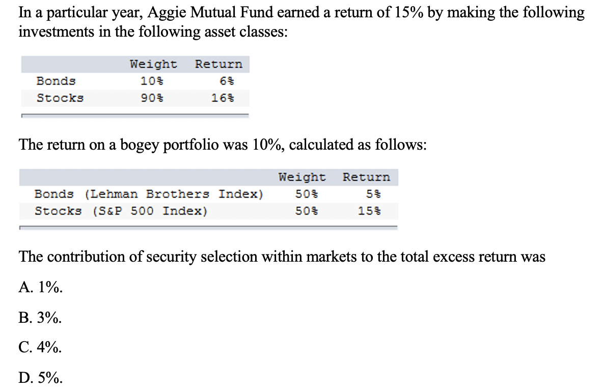  In a particular year, Aggie Mutual Fund earned a return of
