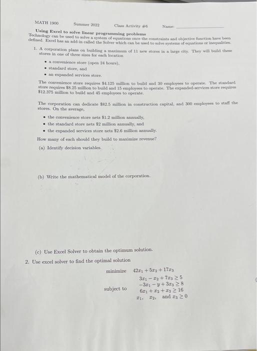  MATH 1900 Summer 2022 Class Activity # Using Excel to solve