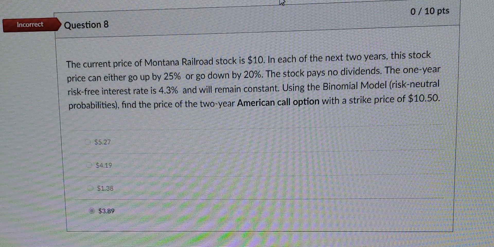  0 / 10 pts Incorrect Question 8 The current price of
