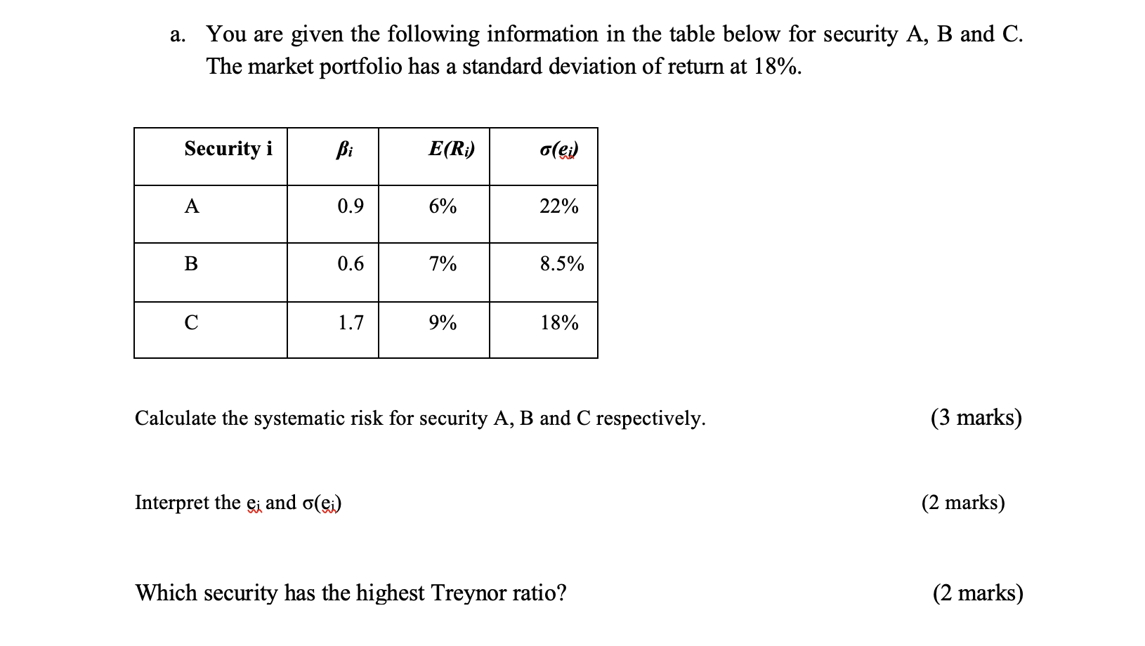  a. You are given the following information in the table below