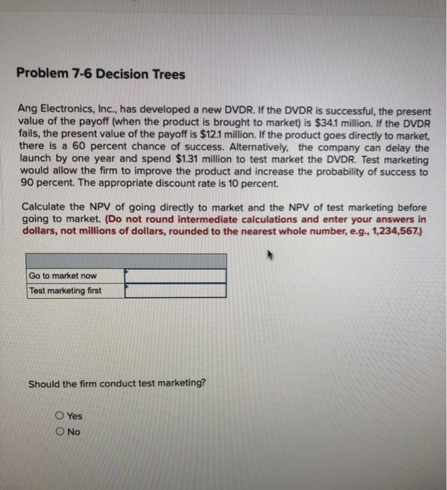  Problem 7-6 Decision Trees Ang Electronics, Inc., has developed a new