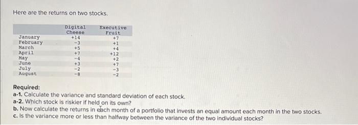  Here are the returns on two stocks. Required: a-1. Calculate the