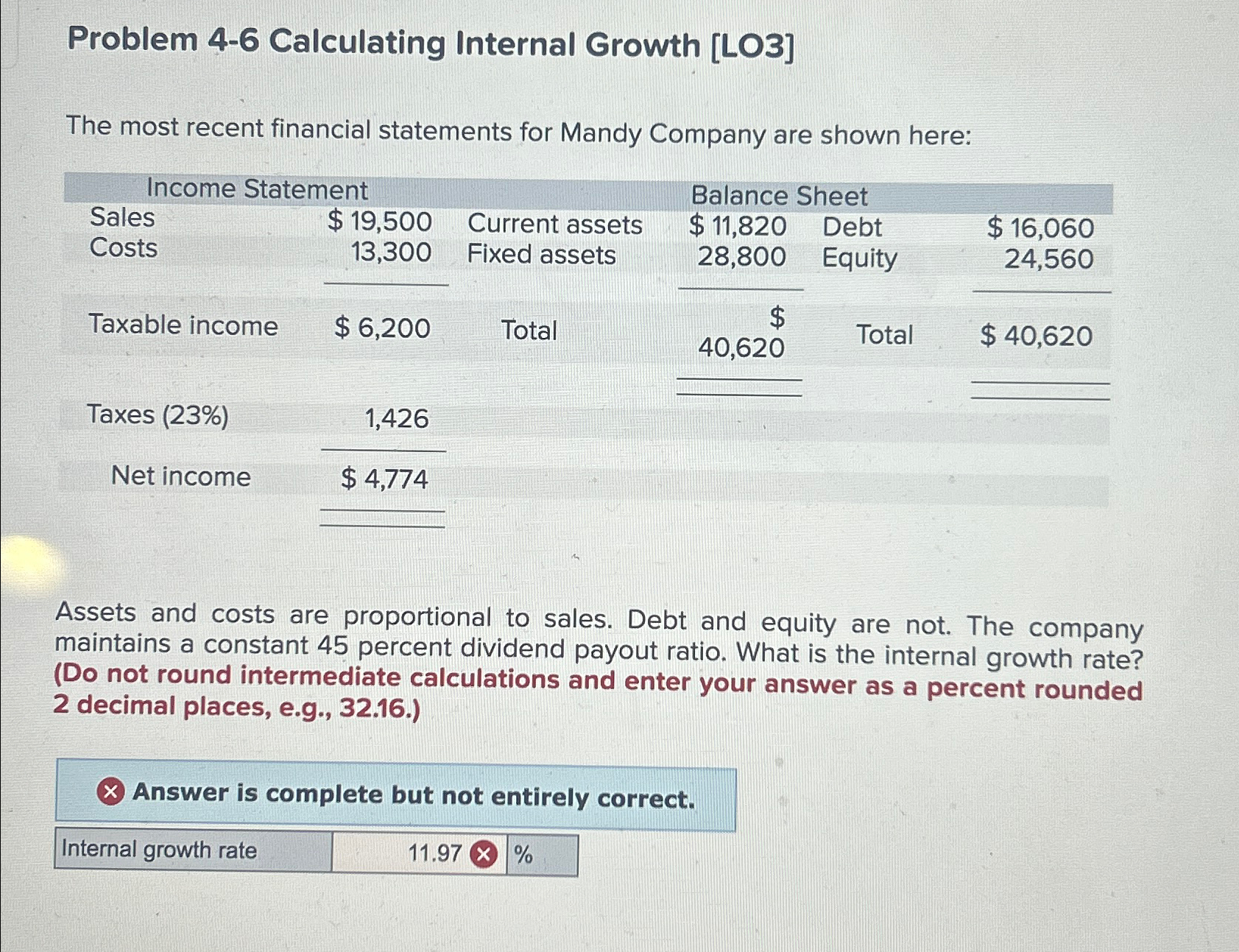  Problem 4-6 Calculating Internal Growth [LO3] The most recent financial statements