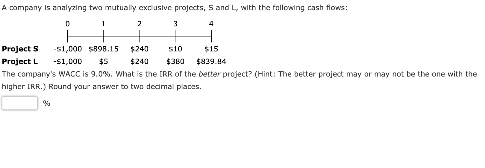  A company is analyzing two mutually exclusive projects, S and L,