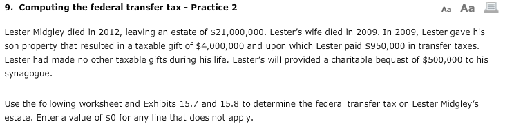  9. Computing the federal transfer tax - Practice 2 Aa Aa