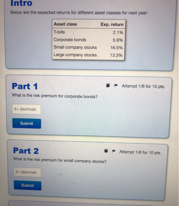  Intro Below are the expected returns for different asset classes for