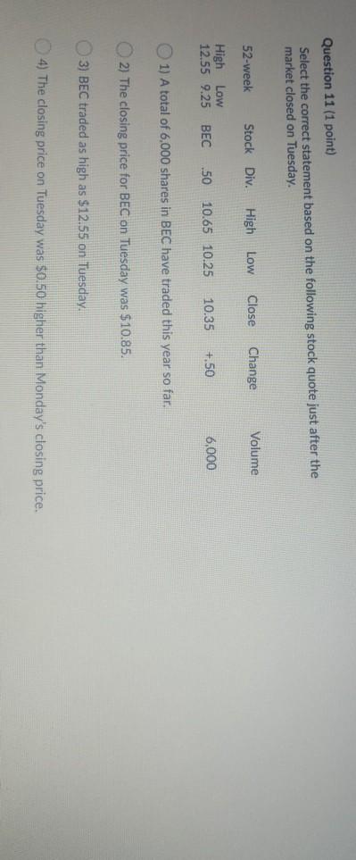 Question 11 (1 point) Select the correct statement based on the