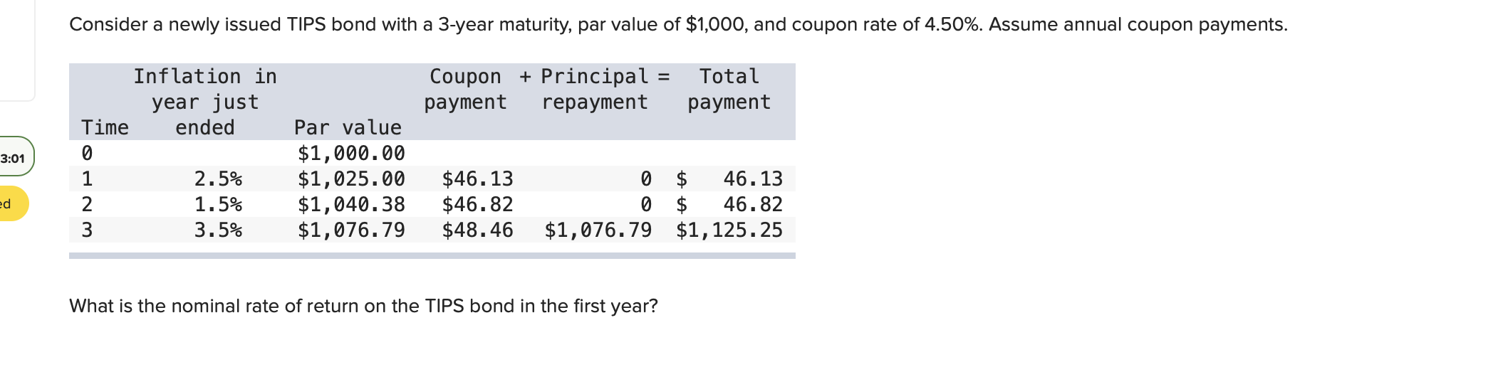  Consider a newly issued TIPS bond with a 3-year maturity, par