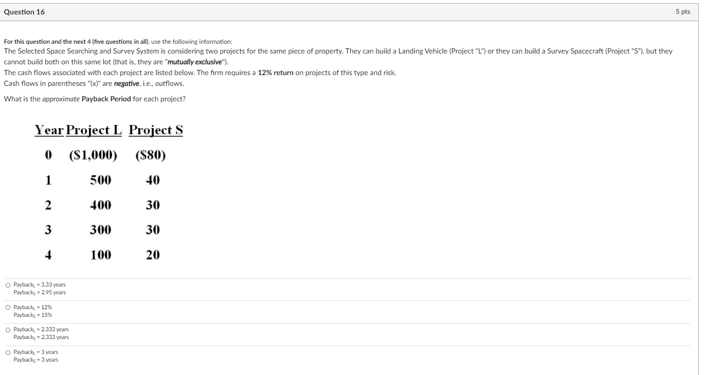  Question 16 5 pts For this question and the next 4