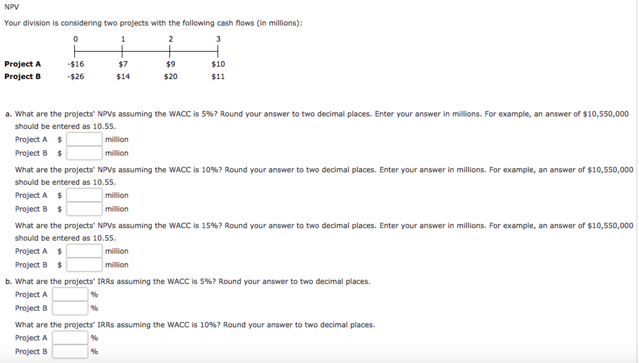  NPV Your division is considering two projects with the following cash