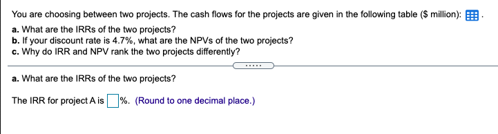 a-c please! You are choosing between two projects. The cash flows for