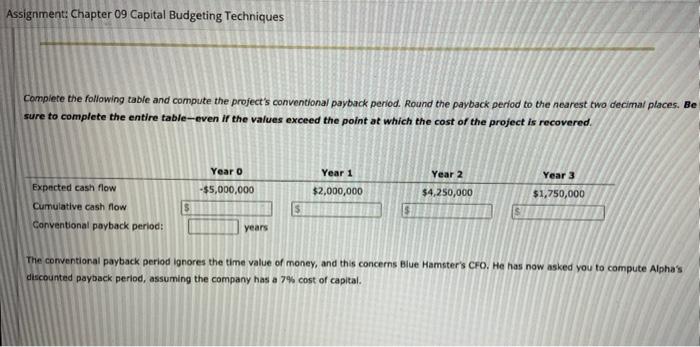  Assignment: Chapter 09 Capital Budgeting Techniques Complete the following table and