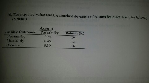 10. The expected value and the standard deviation of returns for